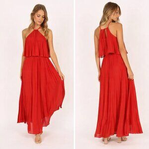 PETAL & PUP Red Gia Pleated Halterneck Maxi Dress Gown Sz S Evening Wedding